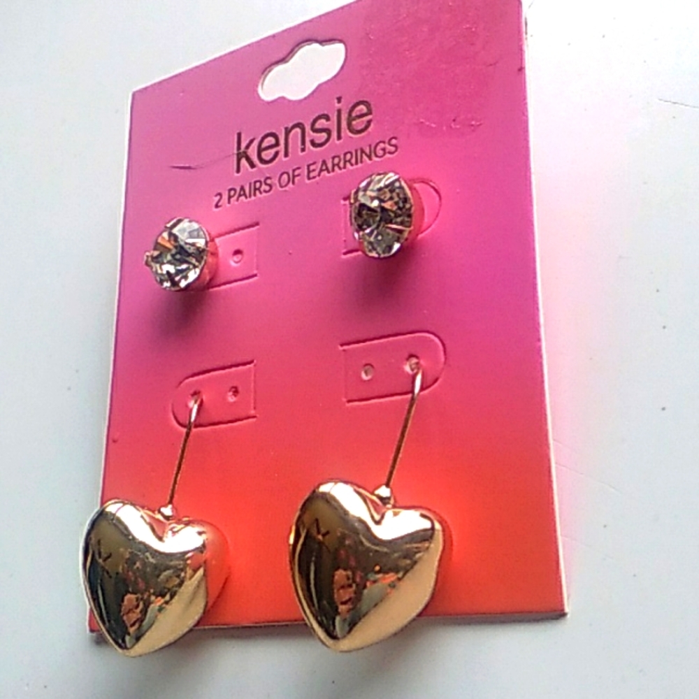 Kensie Womens Gold Heart and Faux Diamond Earring Set